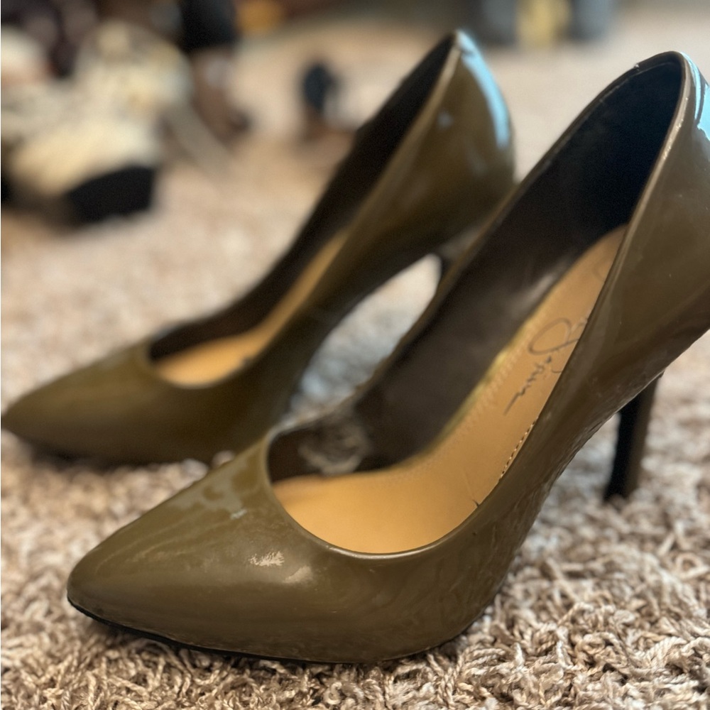 Jessica Simpson Olive Green Patent Pointed-Toe Pumps